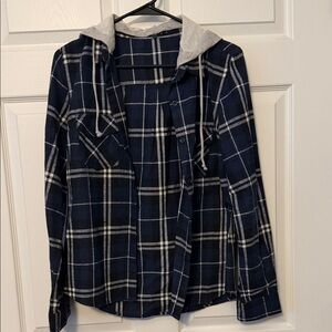 Love Tree Navy and White Plaid Button-Down Shirt with Grey Hood